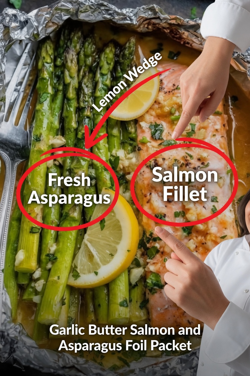Baked Salmon in Foil with Asparagus and Garlic Lemon Butter Sauce