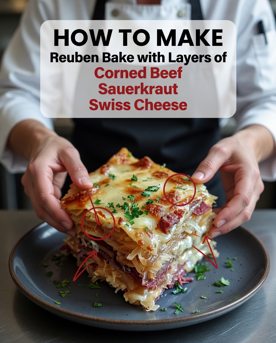 Reuben Bake with Layers of Corned Beef, Sauerkraut, and Swiss Cheese
